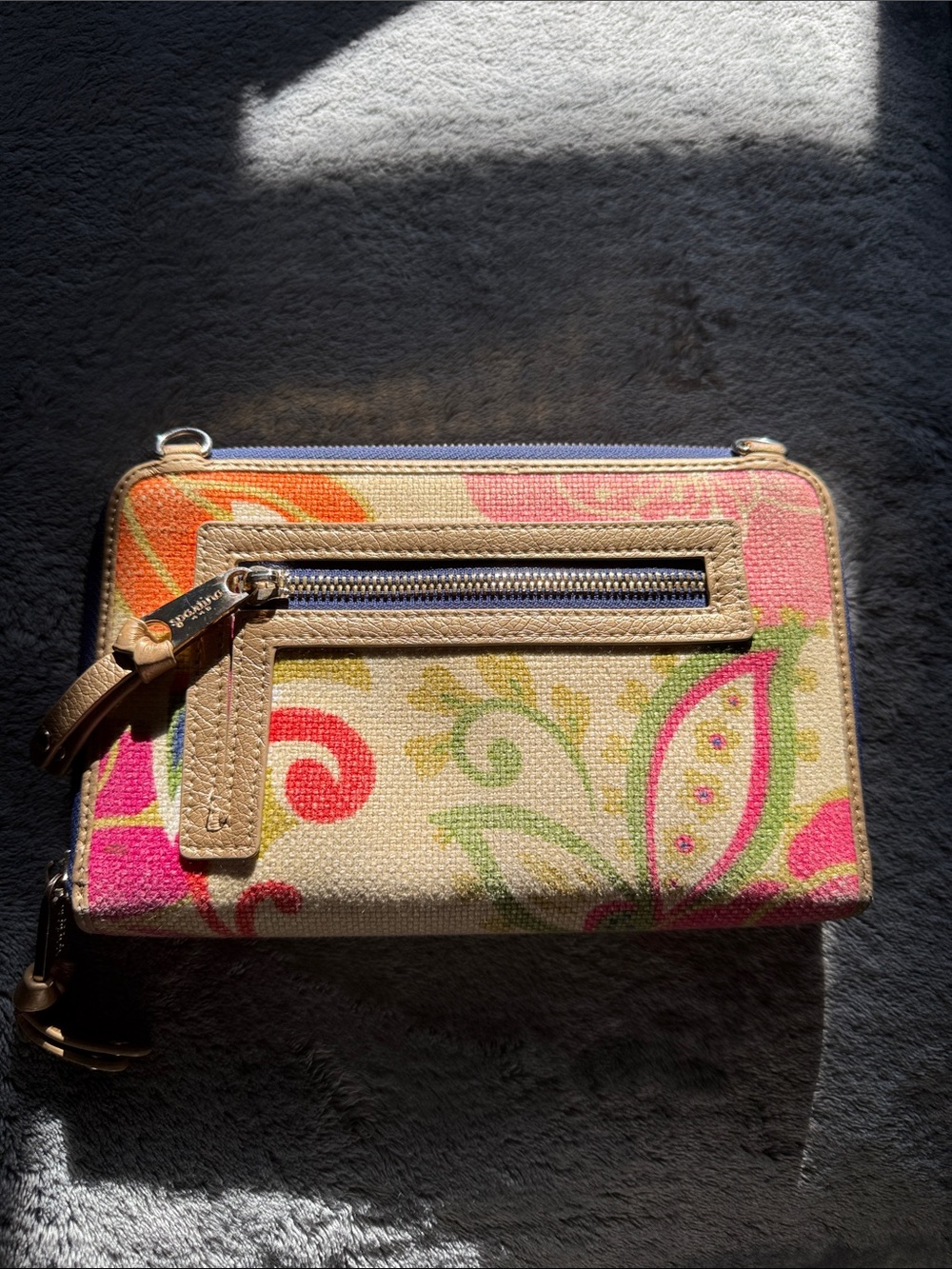 Spartina leather and Canvas Floral Zip Wallet in Beige with Pink & Green Accents